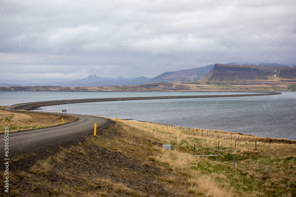 Road over a fjord in Westfjords, Iceland