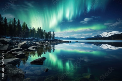 Aurora borealis over a crystal clear lake in Lapland - AI Generated