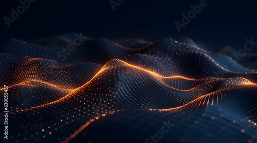 Generative AI illustration of sine  waves and particles on dark background, in the style of light gold and orange, technological design, dotted, tilt shift, kinetic lines, acoustic curves, wallpaper photo
