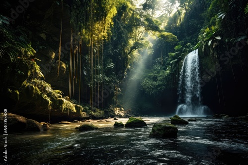 Deep in the Amazon rainforest, a hidden waterfall - AI Generated