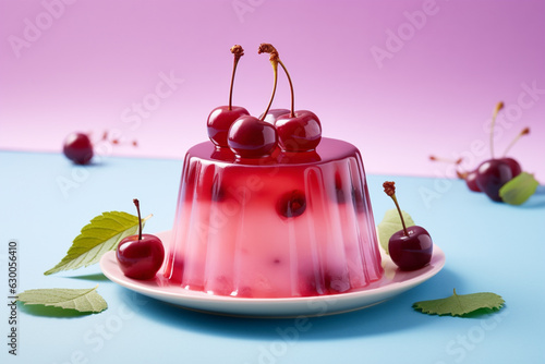 Jelly pudding with cherry fruits on pastel background photo