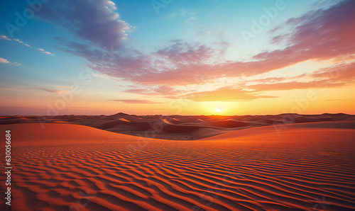 Sunset over the sand dunes landscape with cloud sky background. High quality photo