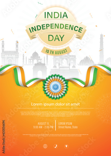 15 th August Indian Independence Day vector illustration background brochure template with Indian flag and silhouette of India monument.