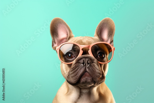 French Bulldog dog with sunglasses on pastel green background