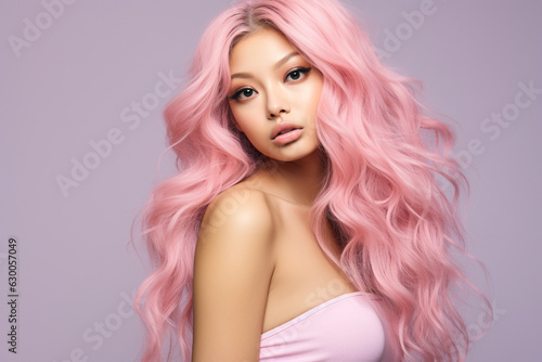 Pretty Asian woman with long pink hair on pastel background