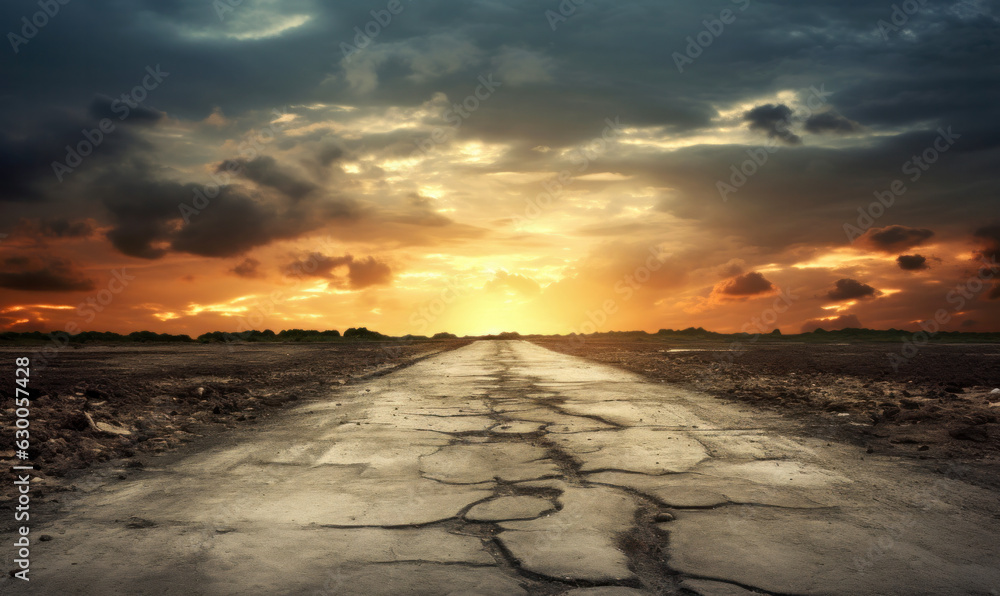 Fototapeta premium Sunset over cracked road with clouds in the sky background. High quality photo