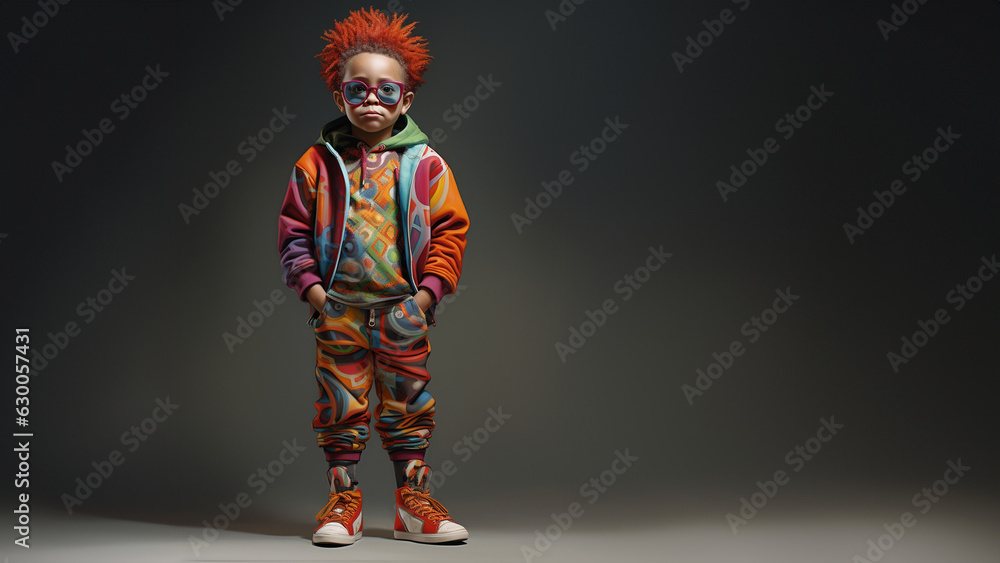 Süßer Junge in bunter Designer Streetwear HipHop Kleidung und coolen Hintergrund, ai generativ Süßer Junge in bunter Designer Streetwear HipHop Kleidung und coolen Hintergrund, ai generativ