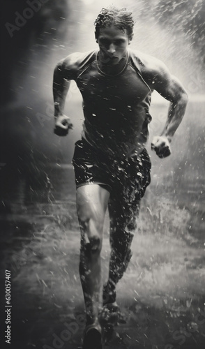 Black and white photo of man running in rain with motion blur and grain