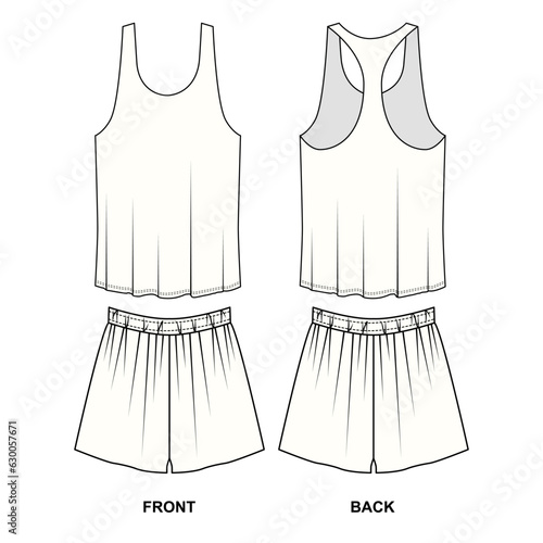 Collection of drawings of sports jersey and loose cut boxer shorts, front and back view. Sketch of home wear of tank top and shorts white color. Outline pattern pajama top and short shorts.