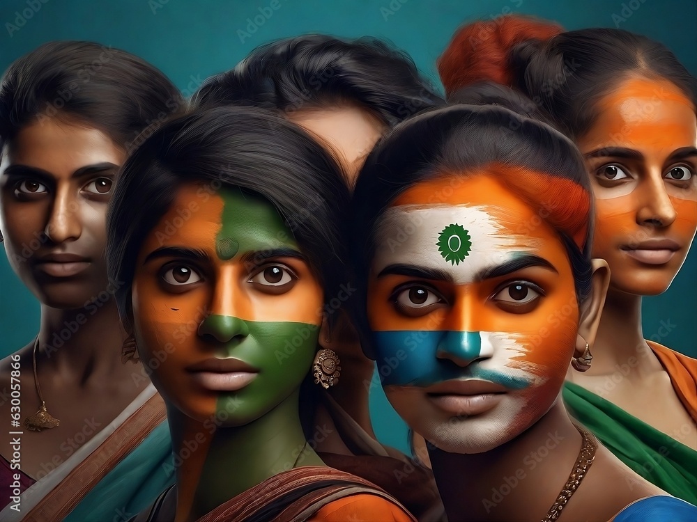 Obraz premium A creative stock photo featuring faces made out of Indian flag colors, celebrating patriotism and cultural pride with artistic flair.