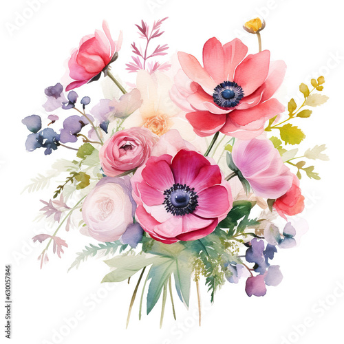 Watercolor composition of flowers and garden herbs, rose, peonie, wildflowers, Decorative bouquet isolated on white