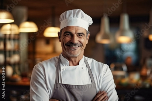 Smiling male chef stands against the background of the kitchen in a cafe