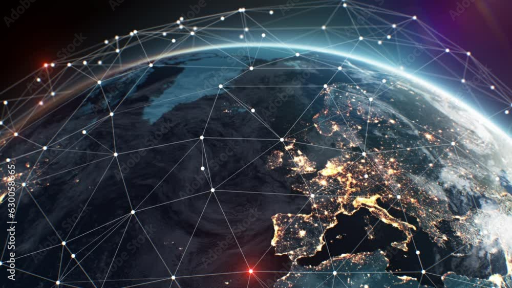 Planet Earth with Network Grid Moving Over Surface Looped 3d Animation Space View. Abstract Working Global Digital Connections Over the Rotating World Seamless. Business and Technology Concept 4k