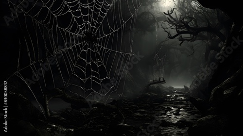 Leinwand Poster Toile d'araignée dans les bois, généré par IA