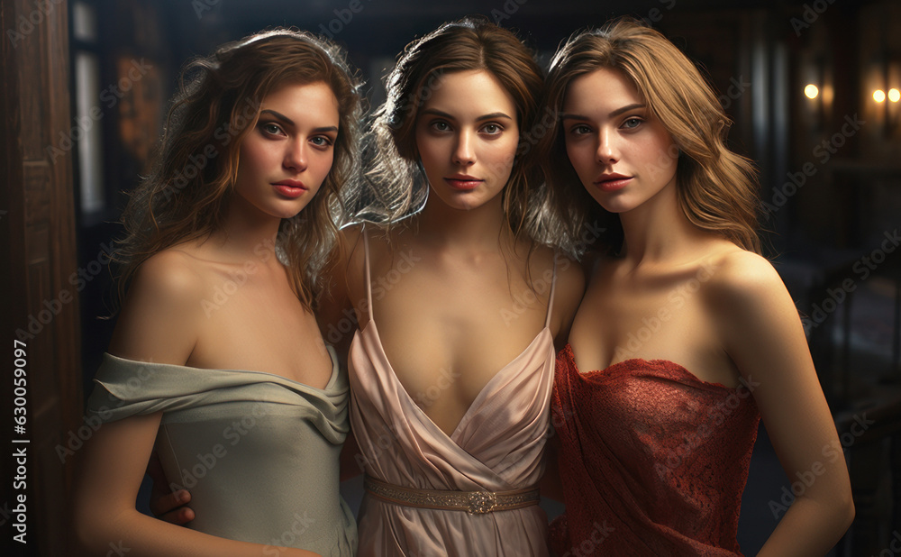 Three beautiful women in evening dresses. AI generative. Three beautiful women in evening dresses. AI generative.