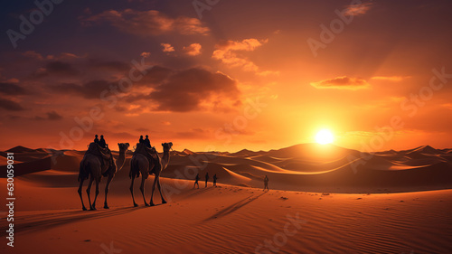 Camels in Arab hot sunset landscape desert traveling over the world. Beautiful scenery background copy space banner.