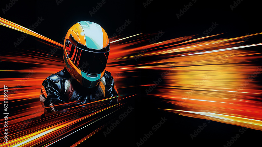 Fototapeta premium Motorrad Fahrer mit Helm wie der Blitz in bunten farben, ai generativ
