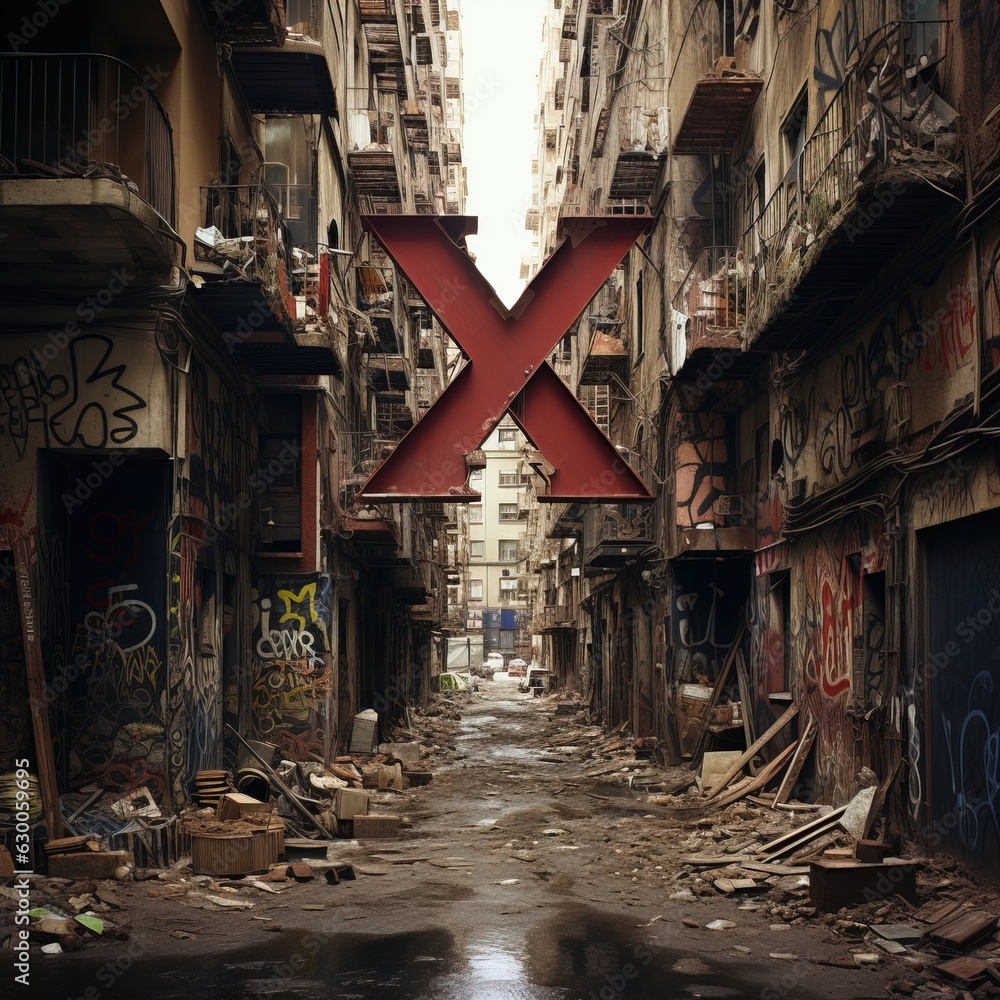 Letter X in an empty and desolated city
