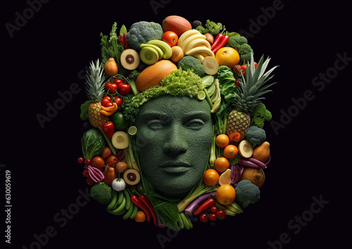 Face with fruits and vegetables.healthy lifestyle and diet concept.Macro.AI Generative