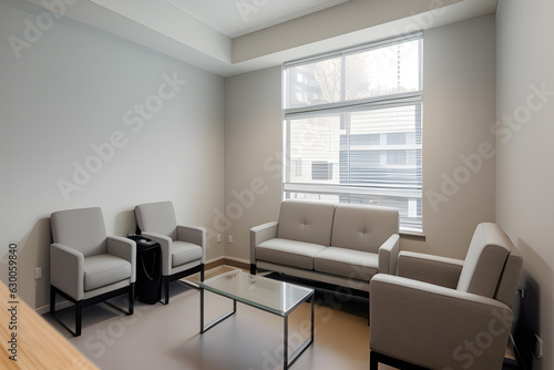 Gray office waiting room interior with couch and coffee machine