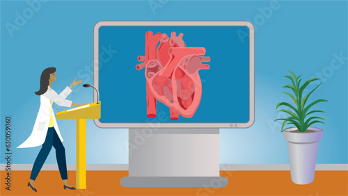 Woman doctor, physician or student in lecture about heart. Gesturing and standing in front of big modern screen for education. Cardiology. Cardiologist. Dimension 16:9. Vector illustration.