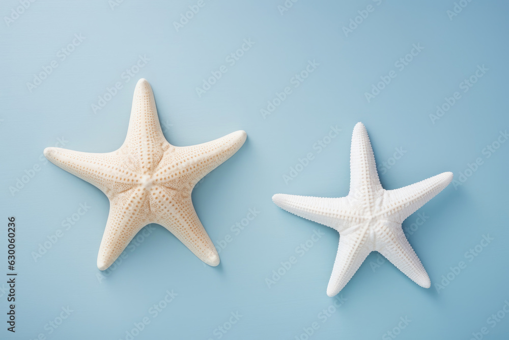 Two starfish are lying on a blue background Two starfish are lying on a blue background