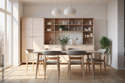 The interior of a modern kitchen and living room with a dining table and frames on the wall