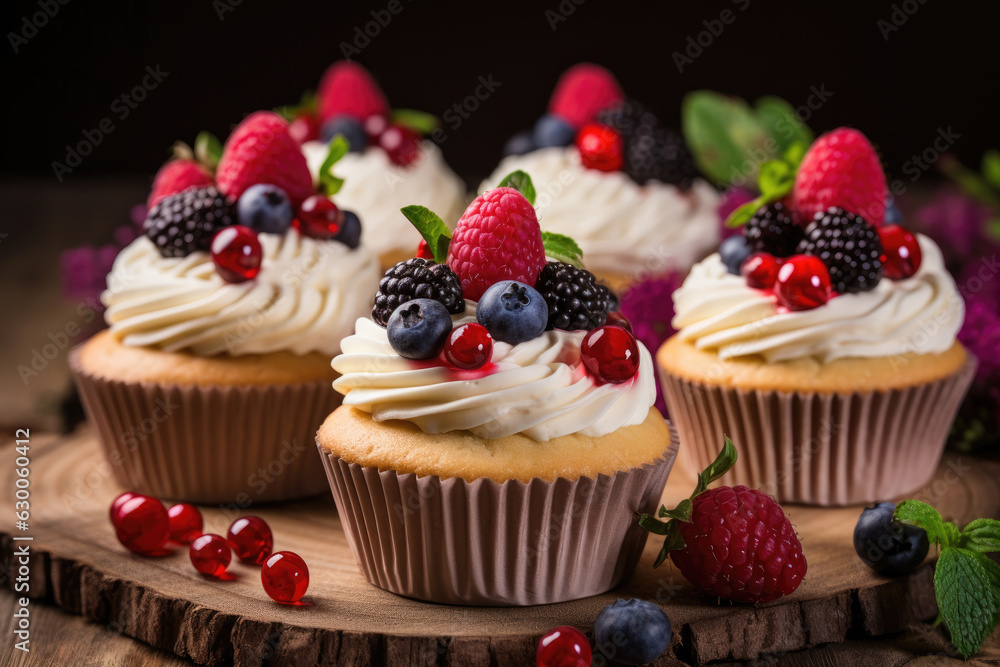 Cupcakes with buttercream , decorated with berries