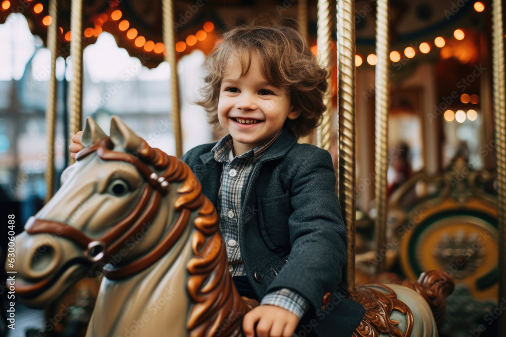 The kid is sitting on a carousel in an amusement park
