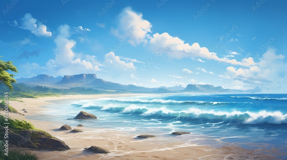 Paisaje de una playa realista con una acantilado de fondo - obrazy, fototapety, plakaty 