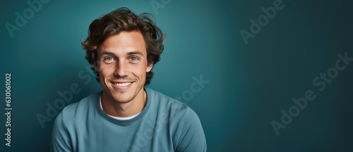 Smiling young man stands against the solid color background background - AI Generated