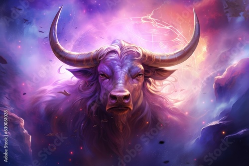 Purple animal bull with a purple background, fantasy style, taurus sign in horoscope. Generative Ai. © annamaria