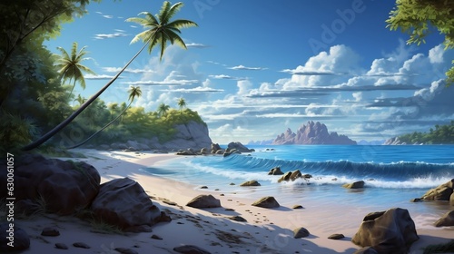 Paisaje de una playa realista con una acantilado de fondo