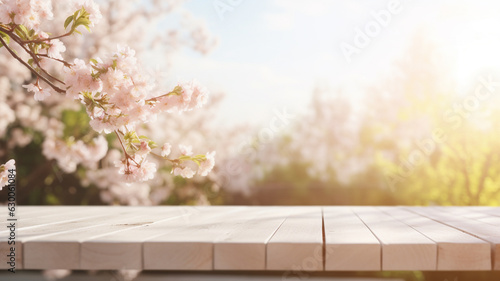 Fotografija Empty rustic sakura cherry blossom restaurant wooden table space platform with d