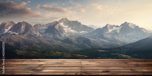 Wooden background for advertising. mountains in the background. Generative AI