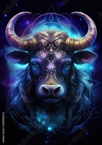 A bull with a blue light on its horns, taurus sing in horoscope, animal. Generative Ai.