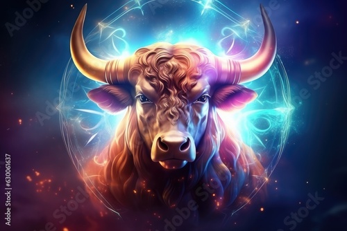 A bull with a blue light on its horns, taurus sing in horoscope, animal. Generative Ai.