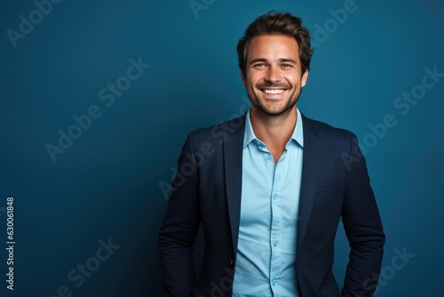 Smiling young man stands against the solid color background background - AI Generated