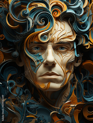 portrait, human head in patterns, illustration, creative, simple background, sketch, created with Generative AI technology