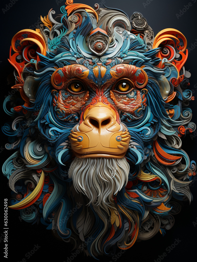 portrait, monkey head in patterns, illustration, creative, simple background, sketch, created with Generative AI technology