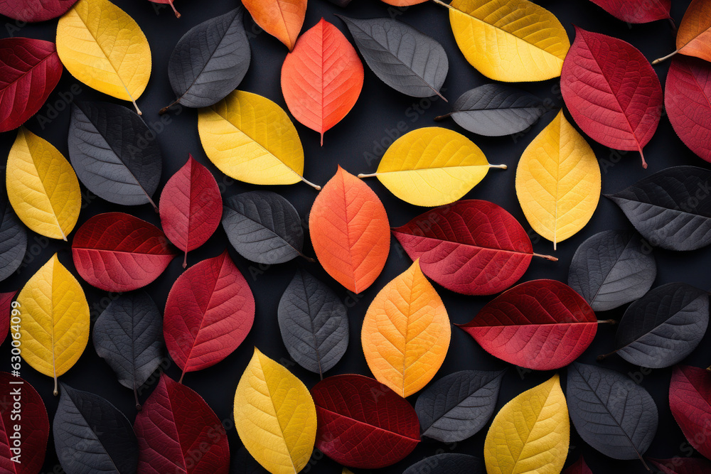 Vibrant autumn foliage with a mix of red, orange, yellow and black leaves background. Abstract natural background.