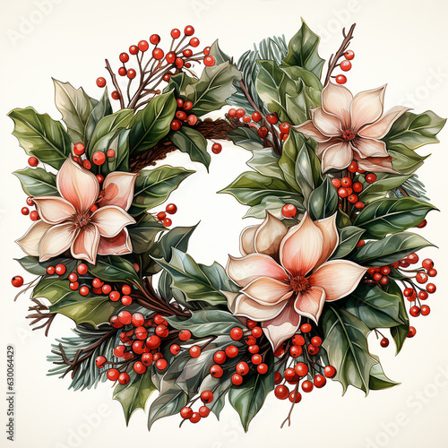 Watercolor Christmas wreath with holi beri berries. Festive New Year decor.Generative AI technology. photo