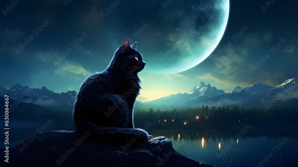 Cinematic black cat with a crescent moon scene hd desktop wallpaper, ai generated - obrazy, fototapety, plakaty 