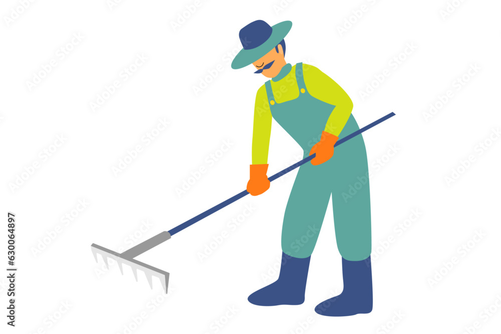 Farmer with hat and mustache works with a rake. Gardening seasonal work. 