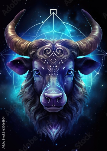 A bull with a blue light on its horns, taurus sing in horoscope, animal. Generative Ai.