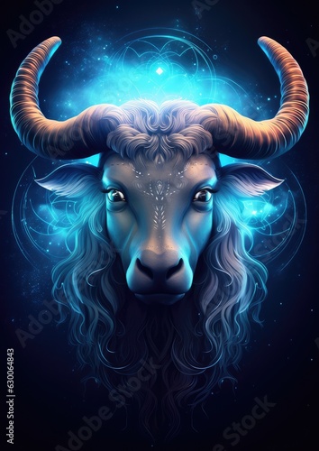 A bull with a blue light on its horns, taurus sing in horoscope, animal. Generative Ai. © annamaria