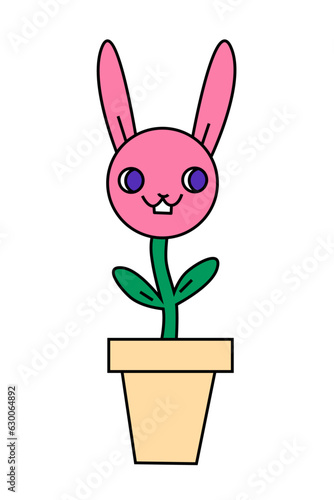 Cute flower with rabbit head in flowerpot. Cartoon fun plant with hare face. Psychedelic illustration. 