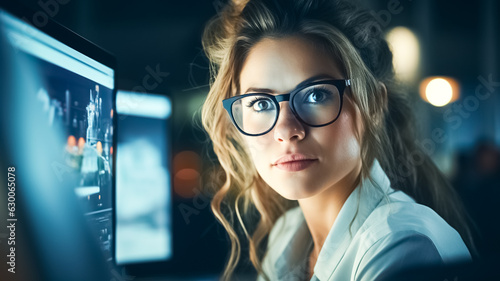 Portrait of a beautiful female wearing glasses, using computer. Information technology specialist, software engineer or developer.