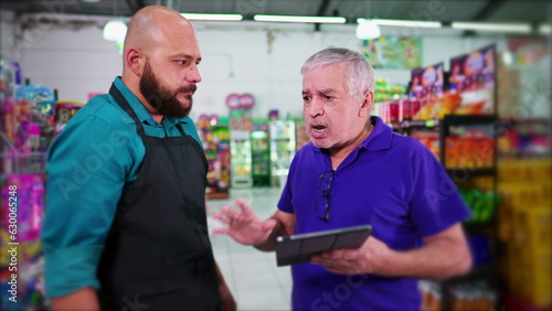 Workplace confrontation boss reprimanding employee for mistakes at supermarket at business store