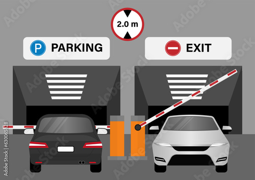 Underground Parking Entrance with Barrier. Parking lots or Car Parking Space. Vector Illustration. 